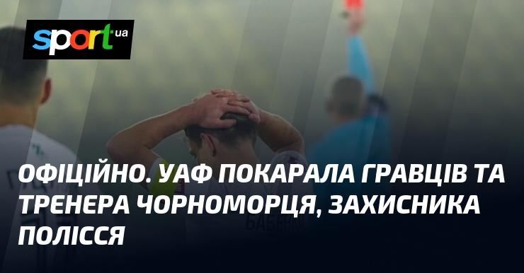 ОФІЦІЙНО. Українська асоціація футболу застосувала санкції до гравців і тренера клубу Чорноморець, а також до захисника Полісся.